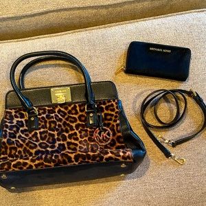 Michael Kors leopard print pony hair handbag EUC